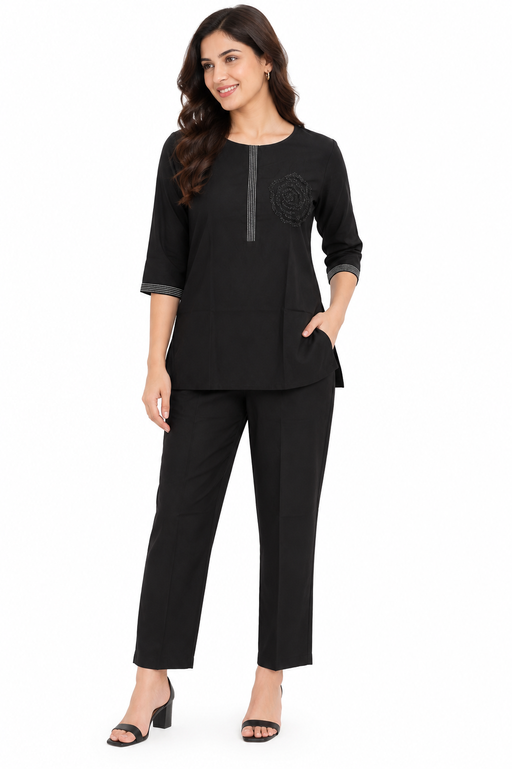 Mesmerro Midnight Rose Black Embroidered Women’s Co-Ord Set with Round-Neck 3/4 Sleeve Top & Straight-Fit Pants
