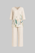 Mesmerro Ivory Botanical Grace Women’s Co-Ord Set with Printed V-Neck 3/4 Sleeve Tunic & Wide-Leg Pants
