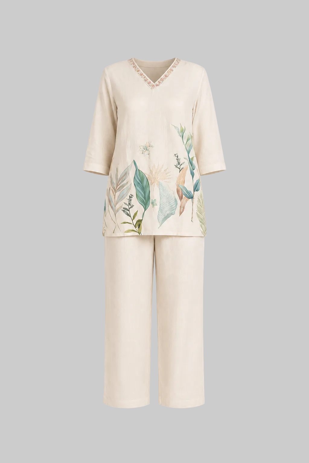 Mesmerro Golden Tropics Mustard Abstract Leaf Printed Women’s Co-Ord Set with Collared Half-Sleeve Top & Straight-Fit Pants
