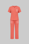 Mesmerro Coral Mosaic Women’s Co-Ord Set with Split-Neck Short-Sleeve Top & Straight-Fit Pocket Pants