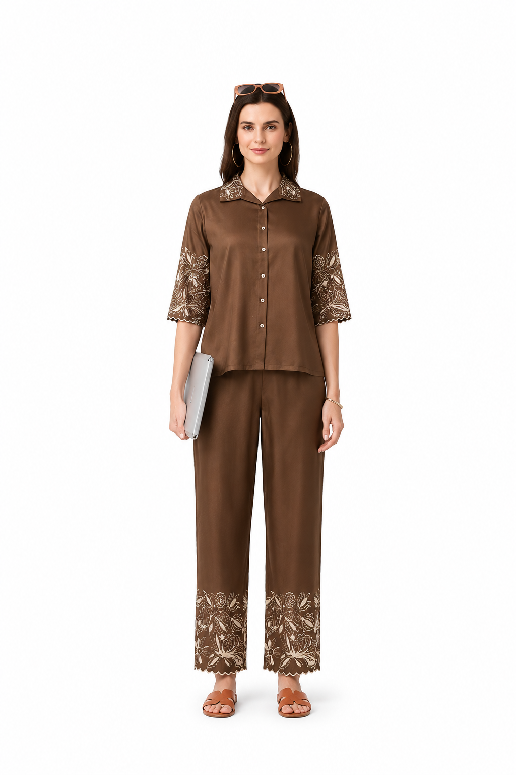 Mesmerro Mocha Bloom Embroidered Women’s Co-Ord Set with Collared Half-Sleeve Shirt & Straight-Fit Pants