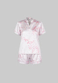 Mesmerro Silver Blossom Floral Satin Women’s Nightwear Set with Mandarin-Collar Short-Sleeve Top & Shorts