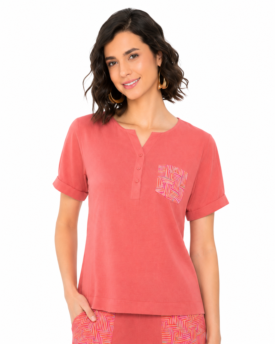 Mesmerro Coral Mosaic Women’s Co-Ord Set with Split-Neck Short-Sleeve Top & Straight-Fit Pocket Pants