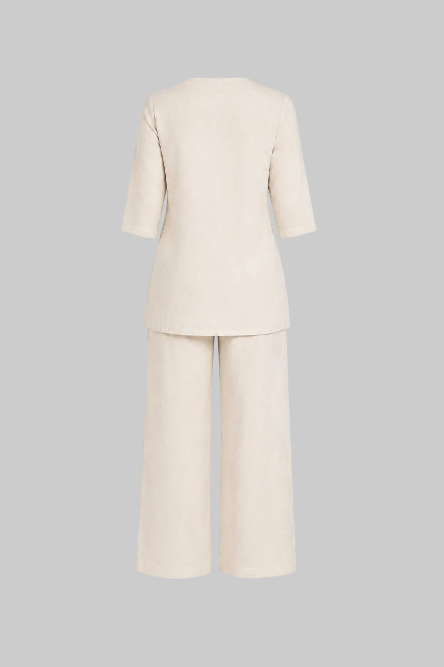 Mesmerro Ivory Botanical Grace Women’s Co-Ord Set with Printed V-Neck 3/4 Sleeve Tunic & Wide-Leg Pants