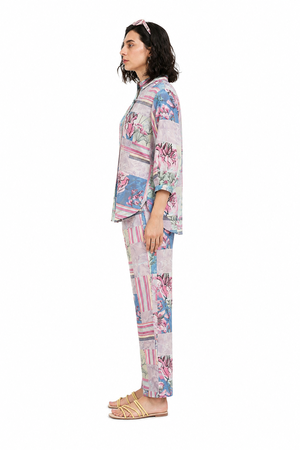 Mesmerro Pastel Garden Patchwork Floral Printed Women’s Co-Ord Set with Collared 3/4 Sleeve Top & Straight-Fit Pants