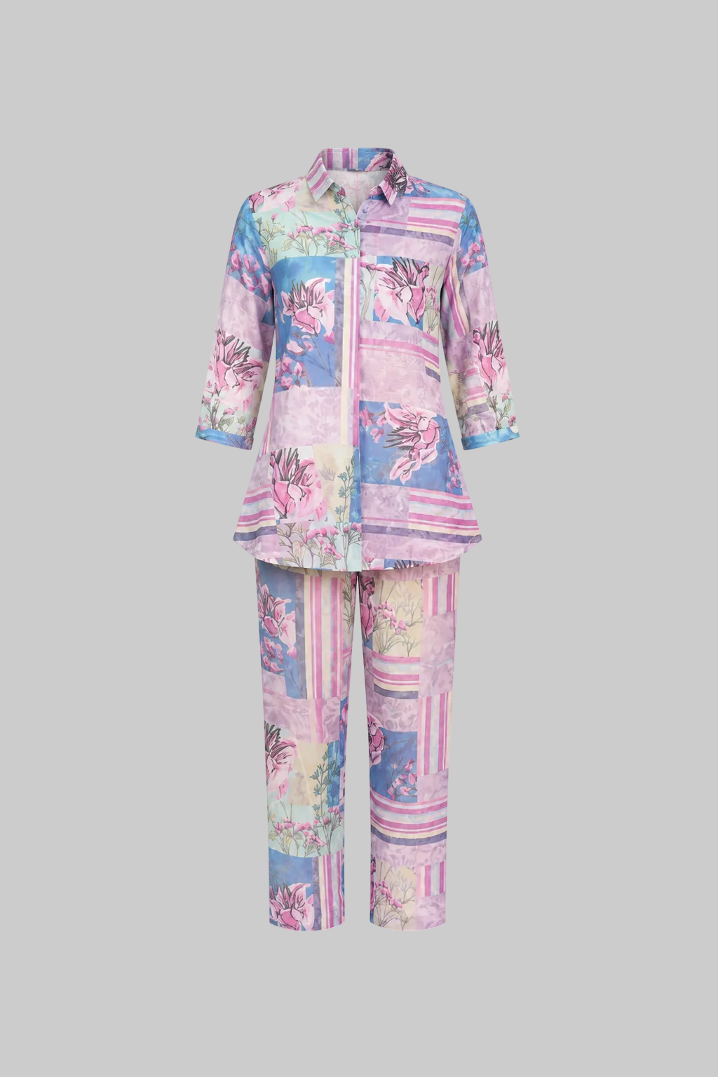 Mesmerro Pastel Garden Patchwork Floral Printed Women’s Co-Ord Set with Collared 3/4 Sleeve Top & Straight-Fit Pants