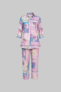 Mesmerro Pastel Garden Patchwork Floral Printed Women’s Co-Ord Set with Collared 3/4 Sleeve Top & Straight-Fit Pants