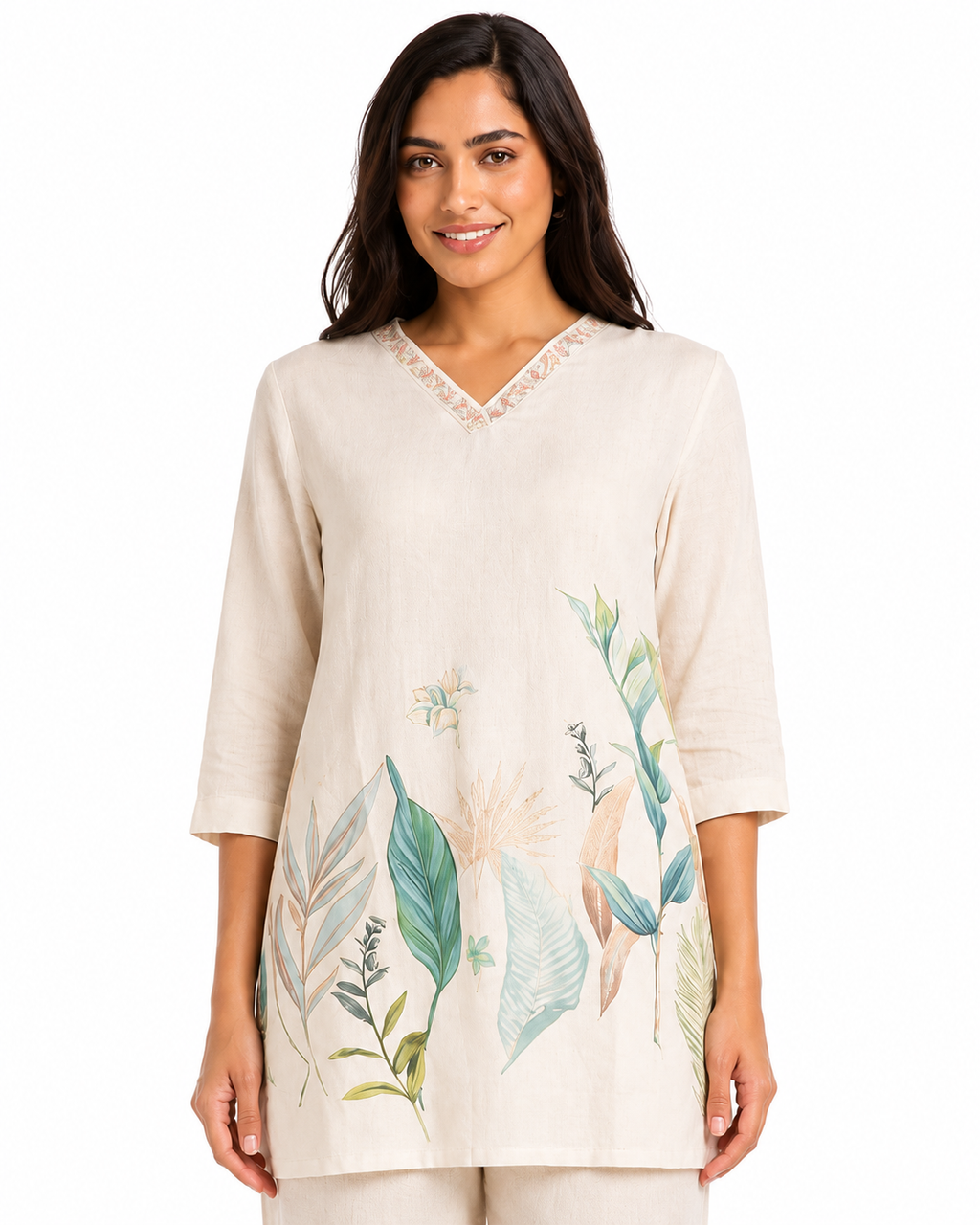 Mesmerro Ivory Botanical Grace Women’s Co-Ord Set with Printed V-Neck 3/4 Sleeve Tunic & Wide-Leg Pants