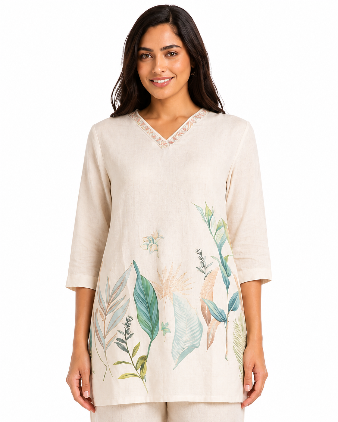 Mesmerro Ivory Botanical Grace Women’s Co-Ord Set with Printed V-Neck 3/4 Sleeve Tunic & Wide-Leg Pants