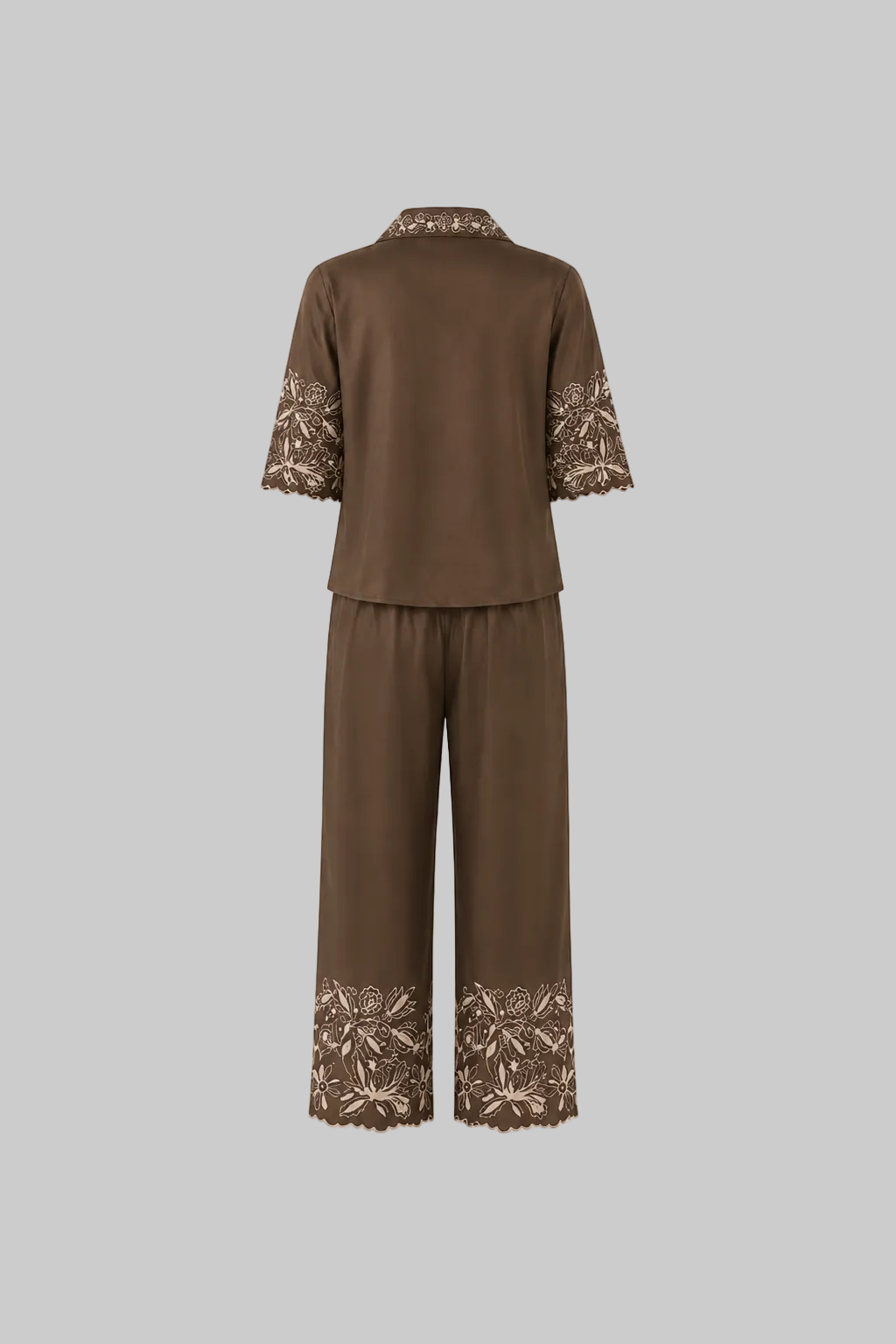 Mesmerro Mocha Bloom Embroidered Women’s Co-Ord Set with Collared Half-Sleeve Shirt & Straight-Fit Pants