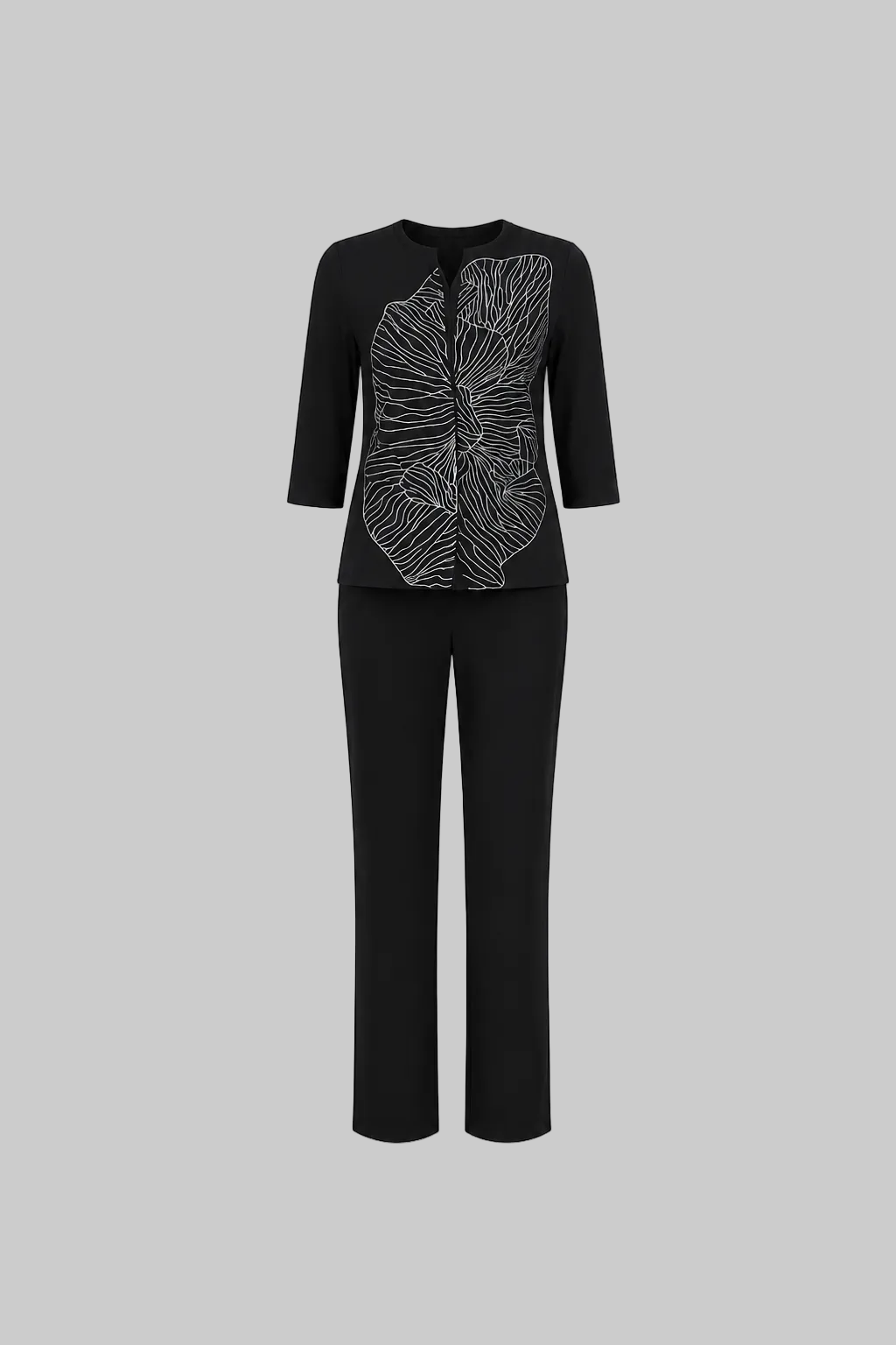 Mesmerro Midnight Rose Black Embroidered Women’s Co-Ord Set with Round-Neck 3/4 Sleeve Top & Straight-Fit Pants