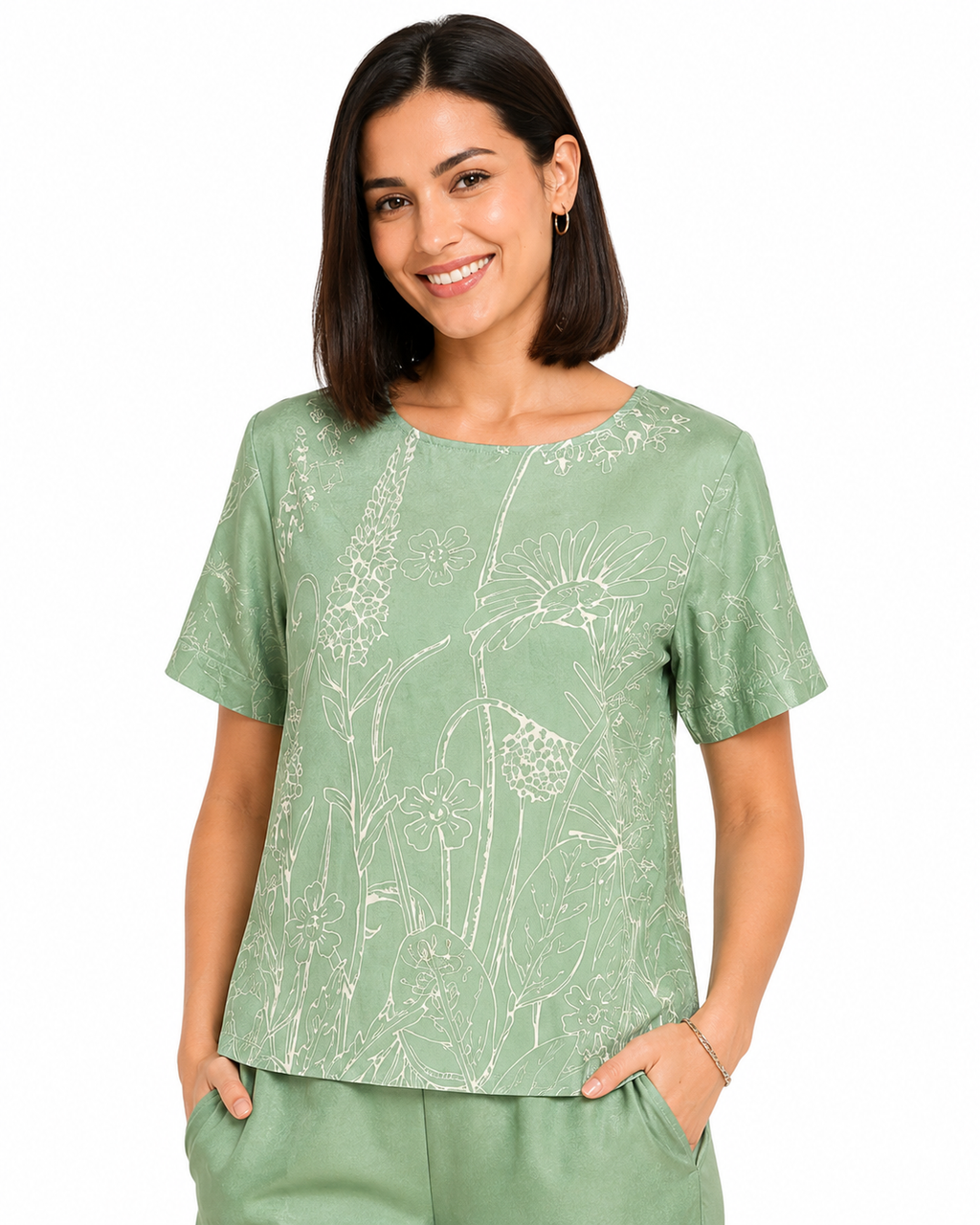 Mesmerro Sage Meadow Floral Printed Women’s Co-Ord Set with Round-Neck Short-Sleeve Top & Straight-Fit Pants