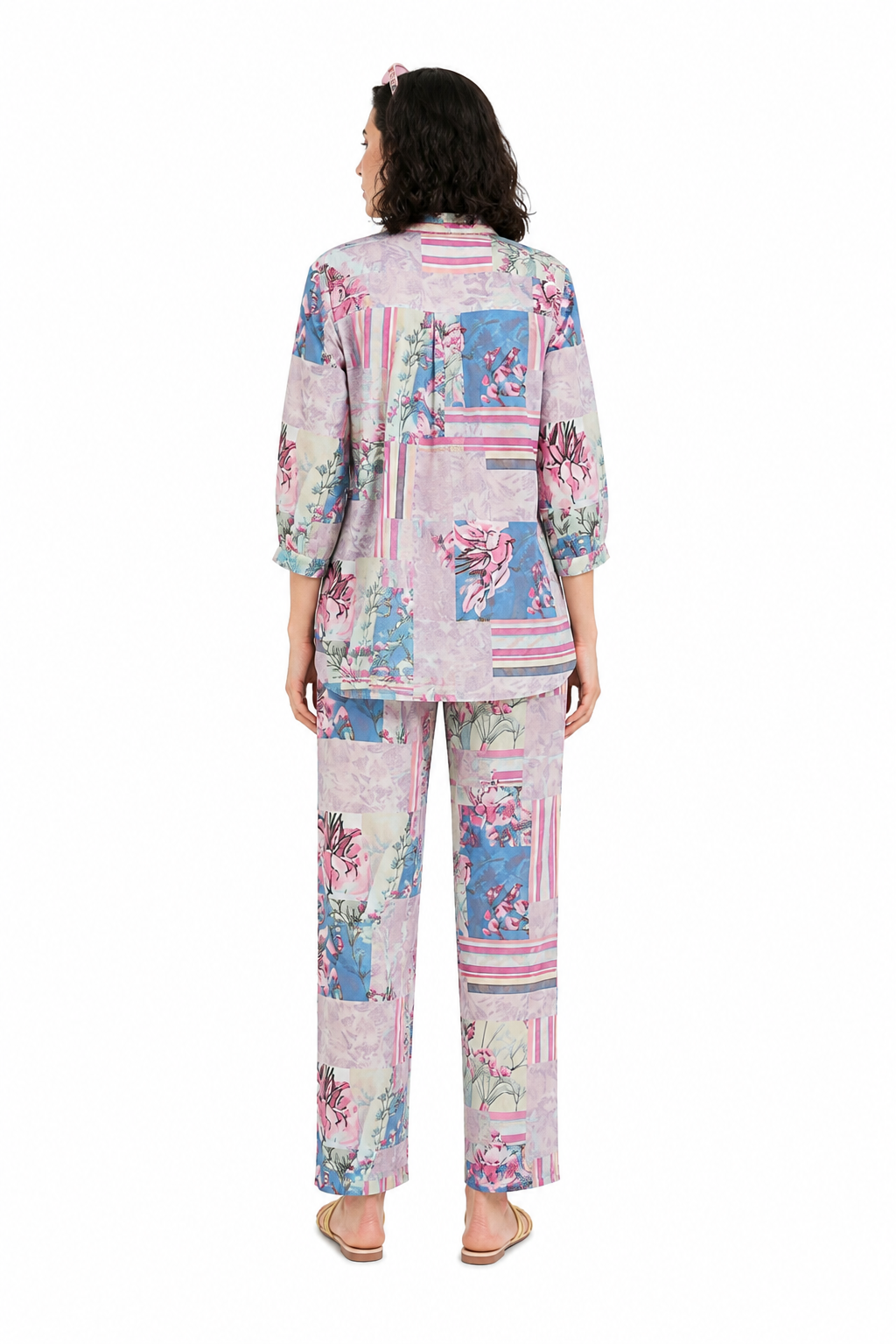 Mesmerro Pastel Garden Patchwork Floral Printed Women’s Co-Ord Set with Collared 3/4 Sleeve Top & Straight-Fit Pants