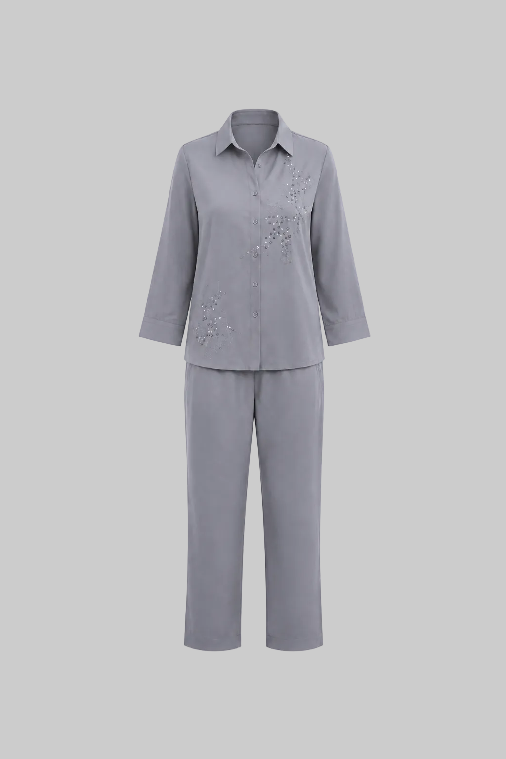 Mesmerro Silver Mist Embellished Women’s Co-Ord Set with Collared Button-Down Shirt & Straight-Fit Pants