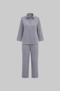Mesmerro Silver Mist Embellished Women’s Co-Ord Set with Collared Button-Down Shirt & Straight-Fit Pants