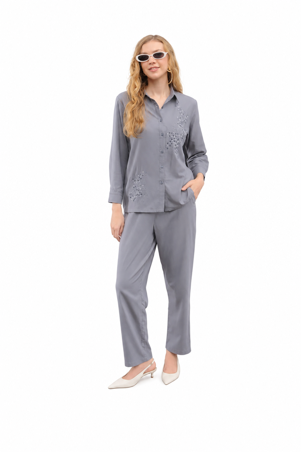 Mesmerro Silver Mist Embellished Women’s Co-Ord Set with Collared Button-Down Shirt & Straight-Fit Pants
