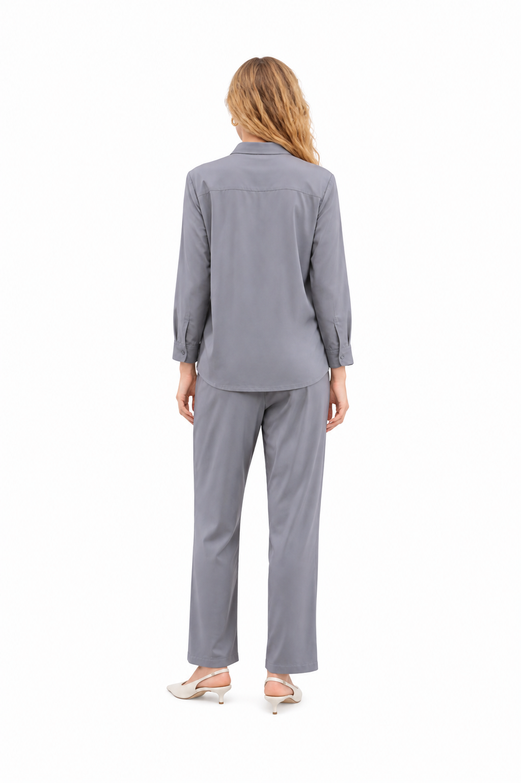 Mesmerro Silver Mist Embellished Women’s Co-Ord Set with Collared Button-Down Shirt & Straight-Fit Pants