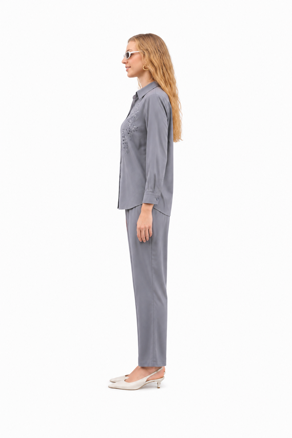 Mesmerro Silver Mist Embellished Women’s Co-Ord Set with Collared Button-Down Shirt & Straight-Fit Pants