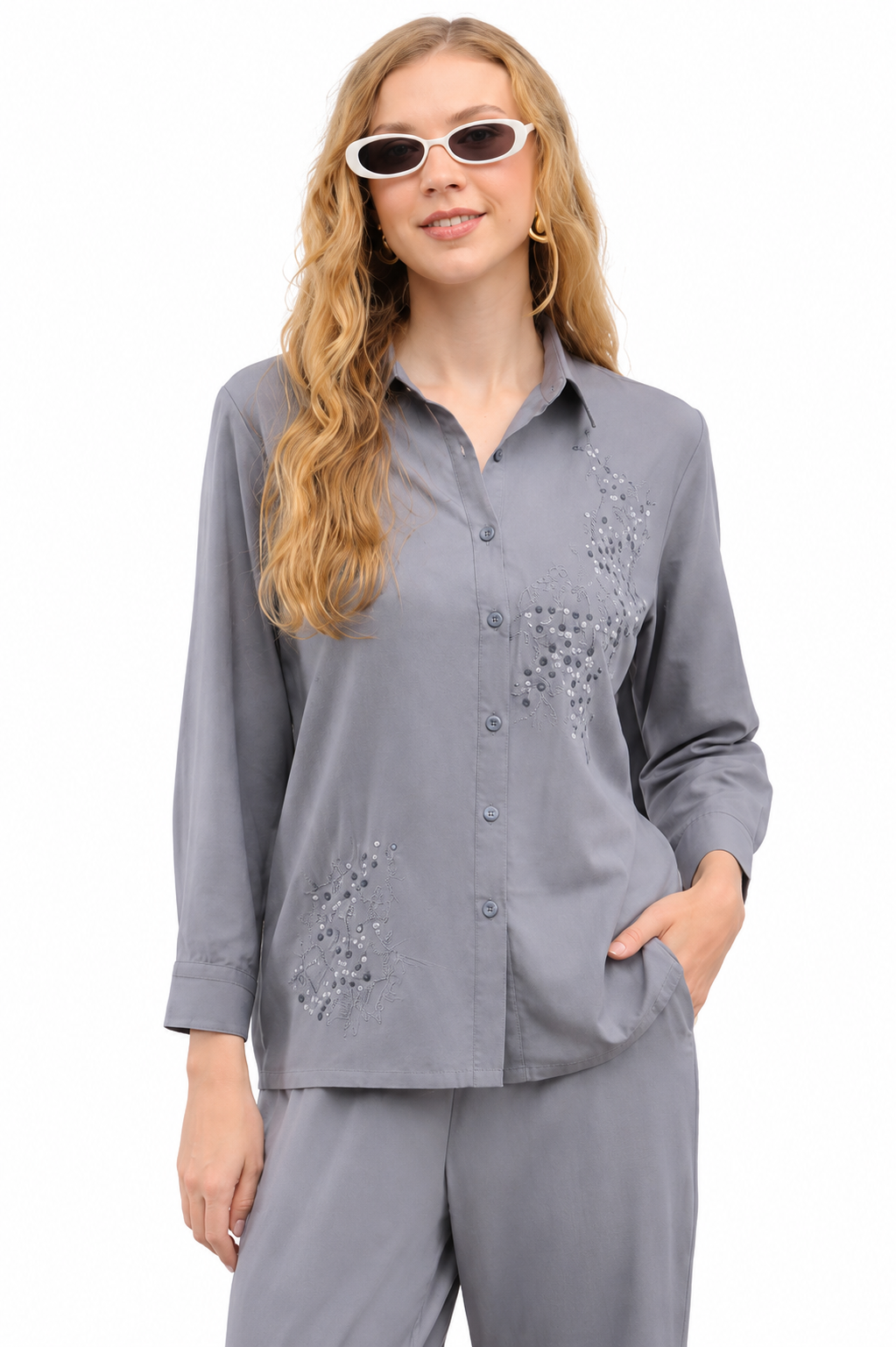 Mesmerro Silver Mist Embellished Women’s Co-Ord Set with Collared Button-Down Shirt & Straight-Fit Pants