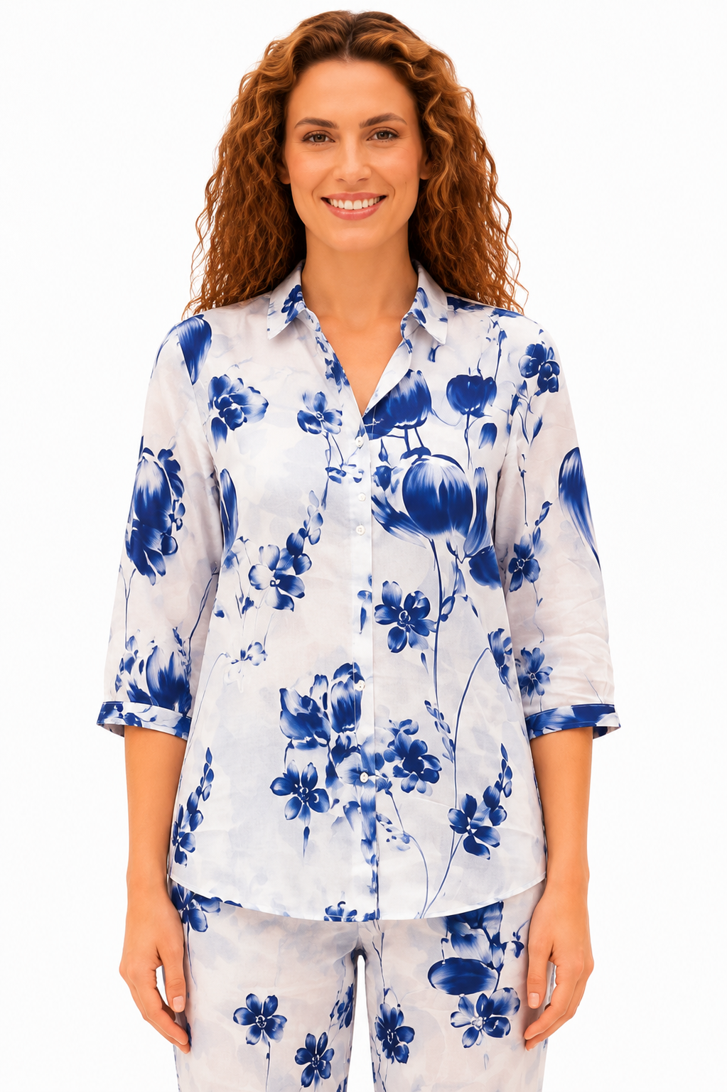 Mesmerro Porcelain Blue Tulip Floral Printed Women’s Co-Ord Set with Collared 3/4 Sleeve Top & Straight-Fit Pants