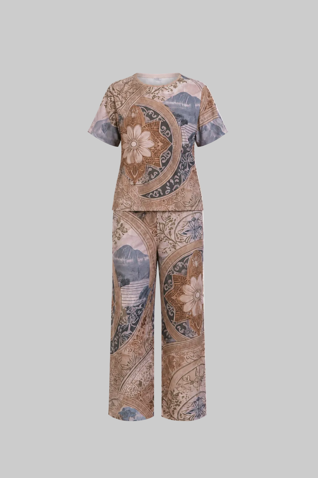 Mesmerro Golden Tropics Mustard Abstract Leaf Printed Women’s Co-Ord Set with Collared Half-Sleeve Top & Straight-Fit Pants