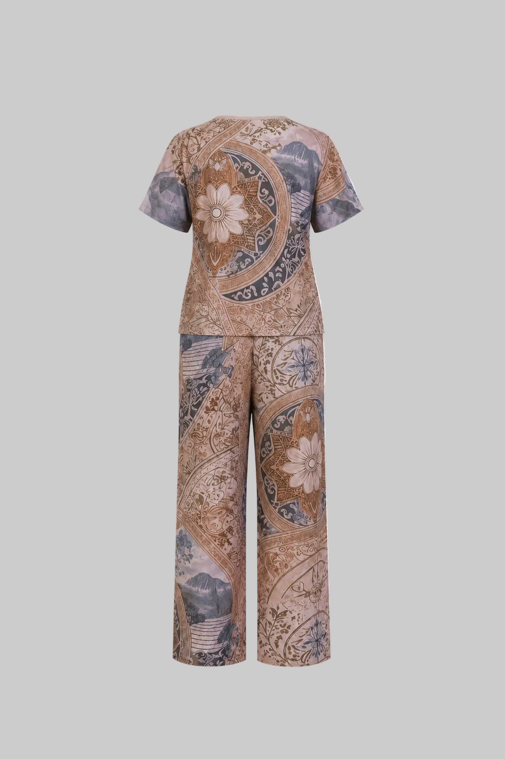Mesmerro Royal Plum Mesmerro Mocha Mandala Ornamental Printed Women’s Co-Ord Set with Round-Neck Short-Sleeve Top & Wide-Leg Pants