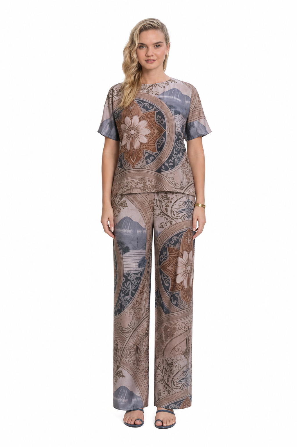 Mesmerro Royal Plum Mesmerro Mocha Mandala Ornamental Printed Women’s Co-Ord Set with Round-Neck Short-Sleeve Top & Wide-Leg Pants