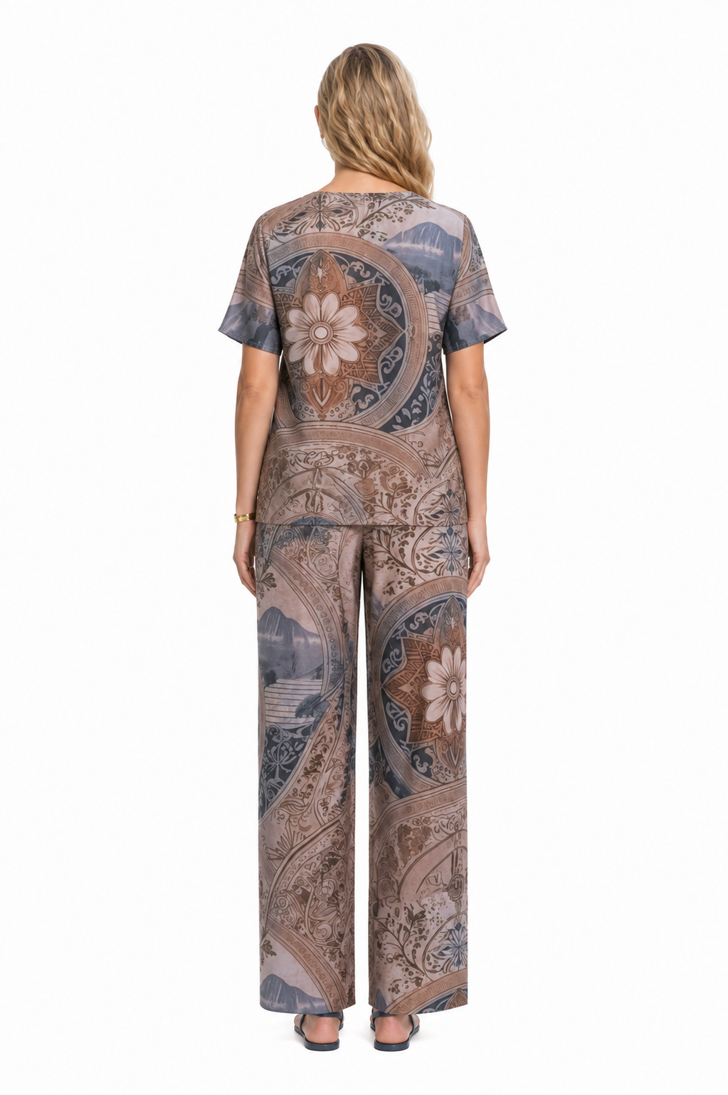 Mesmerro Royal Plum Mesmerro Mocha Mandala Ornamental Printed Women’s Co-Ord Set with Round-Neck Short-Sleeve Top & Wide-Leg Pants
