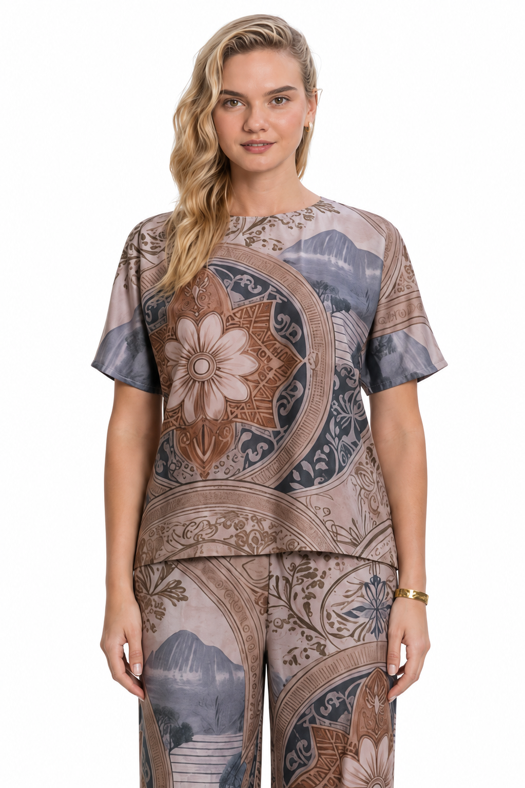 Mesmerro Royal Plum Mesmerro Mocha Mandala Ornamental Printed Women’s Co-Ord Set with Round-Neck Short-Sleeve Top & Wide-Leg Pants