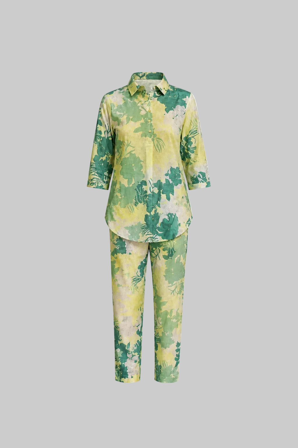 Mesmerro Golden Tropics Mustard Abstract Leaf Printed Women’s Co-Ord Set with Collared Half-Sleeve Top & Straight-Fit Pants