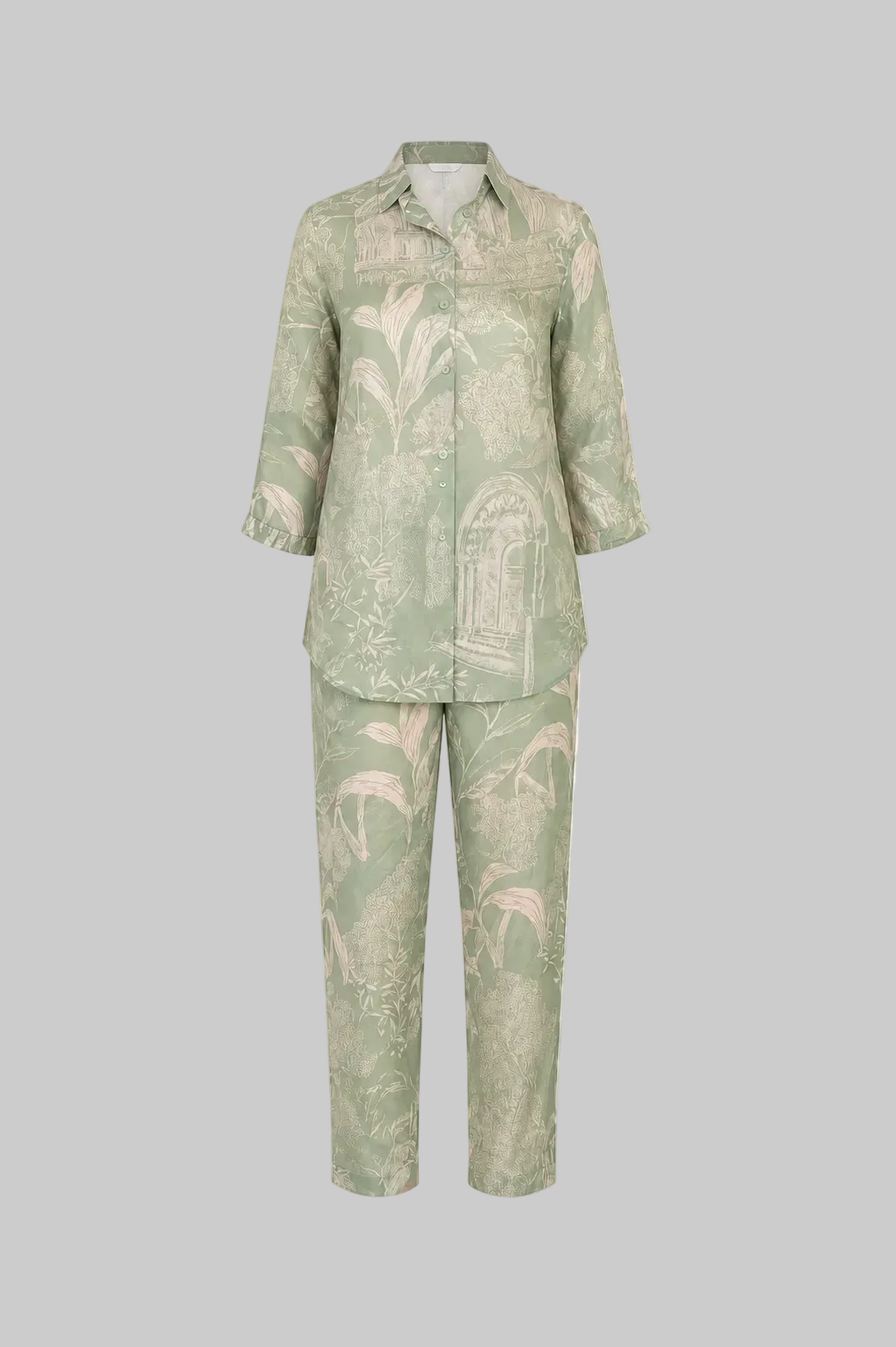 Mesmerro Sage Garden Toile Printed Women’s Co-Ord Set with Collared 3/4 Sleeve Top & Straight-Fit Pants