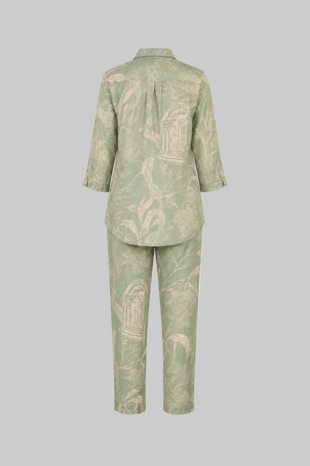 Mesmerro Sage Garden Toile Printed Women’s Co-Ord Set with Collared 3/4 Sleeve Top & Straight-Fit Pants