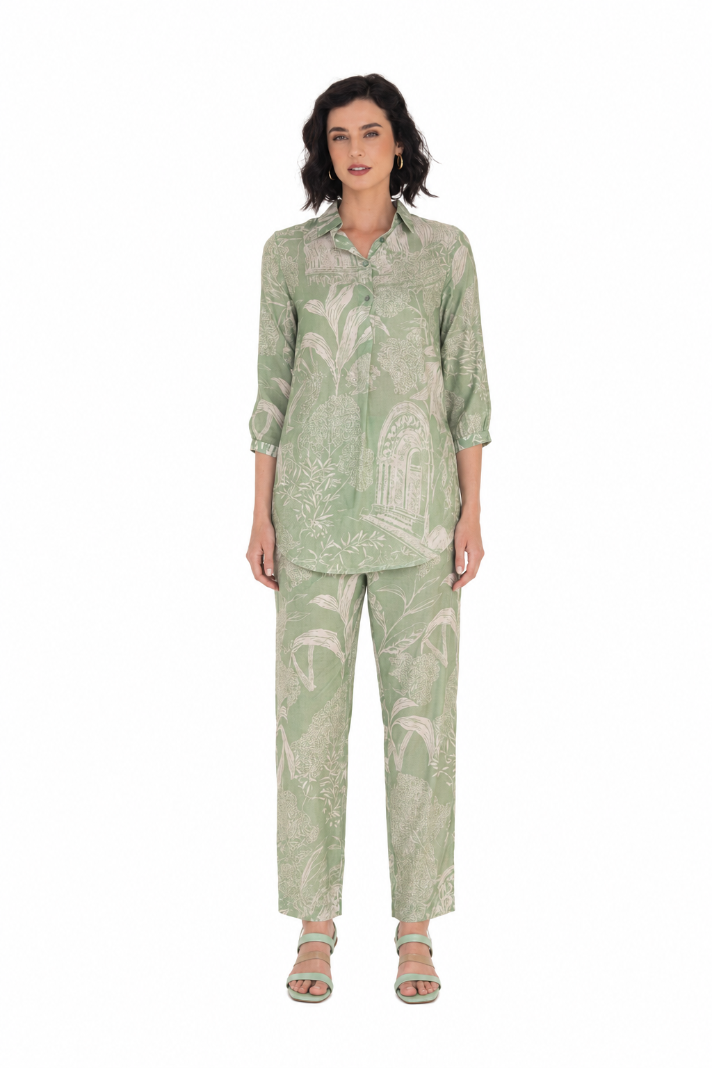 Mesmerro Sage Garden Toile Printed Women’s Co-Ord Set with Collared 3/4 Sleeve Top & Straight-Fit Pants