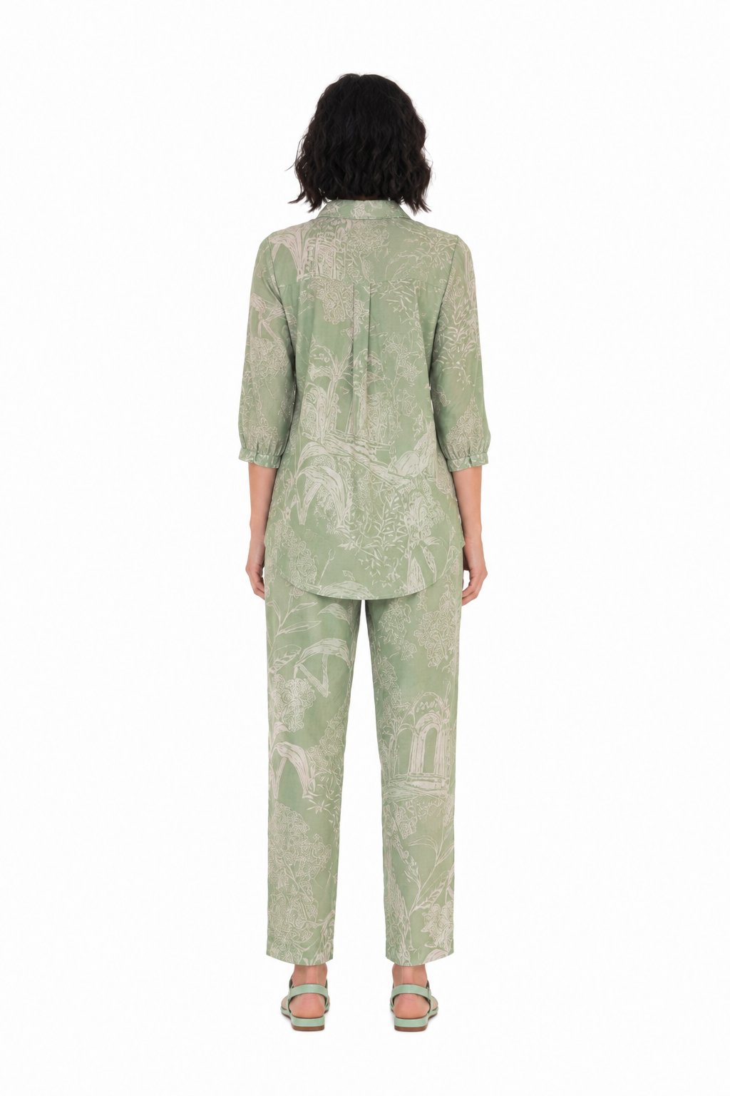 Mesmerro Sage Garden Toile Printed Women’s Co-Ord Set with Collared 3/4 Sleeve Top & Straight-Fit Pants