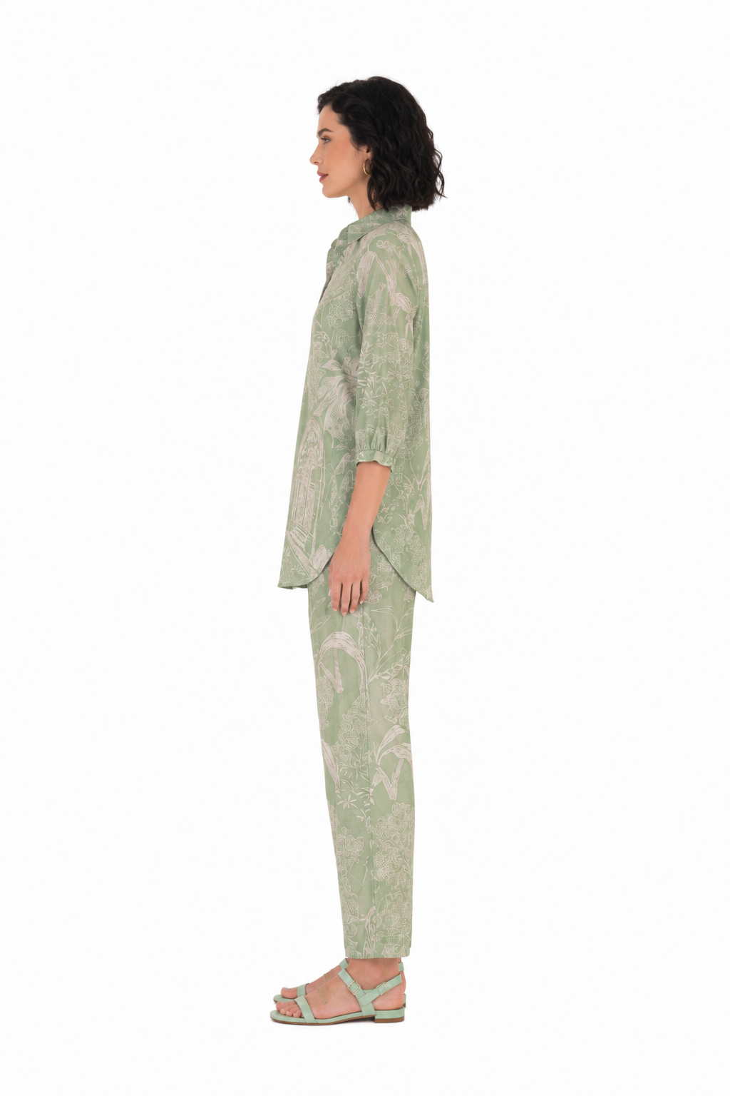 Mesmerro Sage Garden Toile Printed Women’s Co-Ord Set with Collared 3/4 Sleeve Top & Straight-Fit Pants