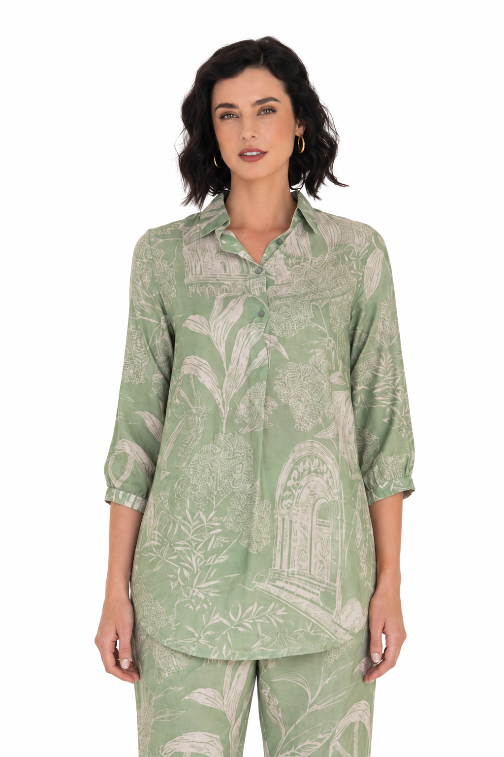 Mesmerro Sage Garden Toile Printed Women’s Co-Ord Set with Collared 3/4 Sleeve Top & Straight-Fit Pants