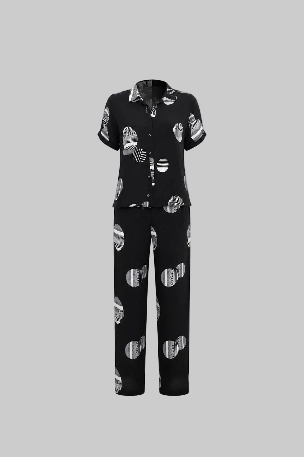 Mesmerro Midnight Orbit Abstract Printed Women’s Co-Ord Set with Collared Short-Sleeve Shirt & Straight-Fit Pants