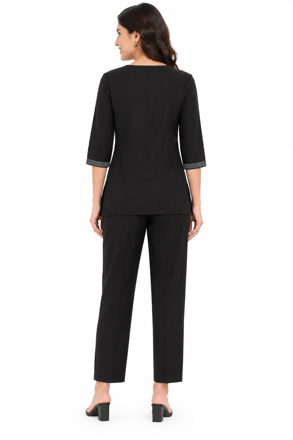 Mesmerro Midnight Rose Black Embroidered Women’s Co-Ord Set with Round-Neck 3/4 Sleeve Top & Straight-Fit Pants