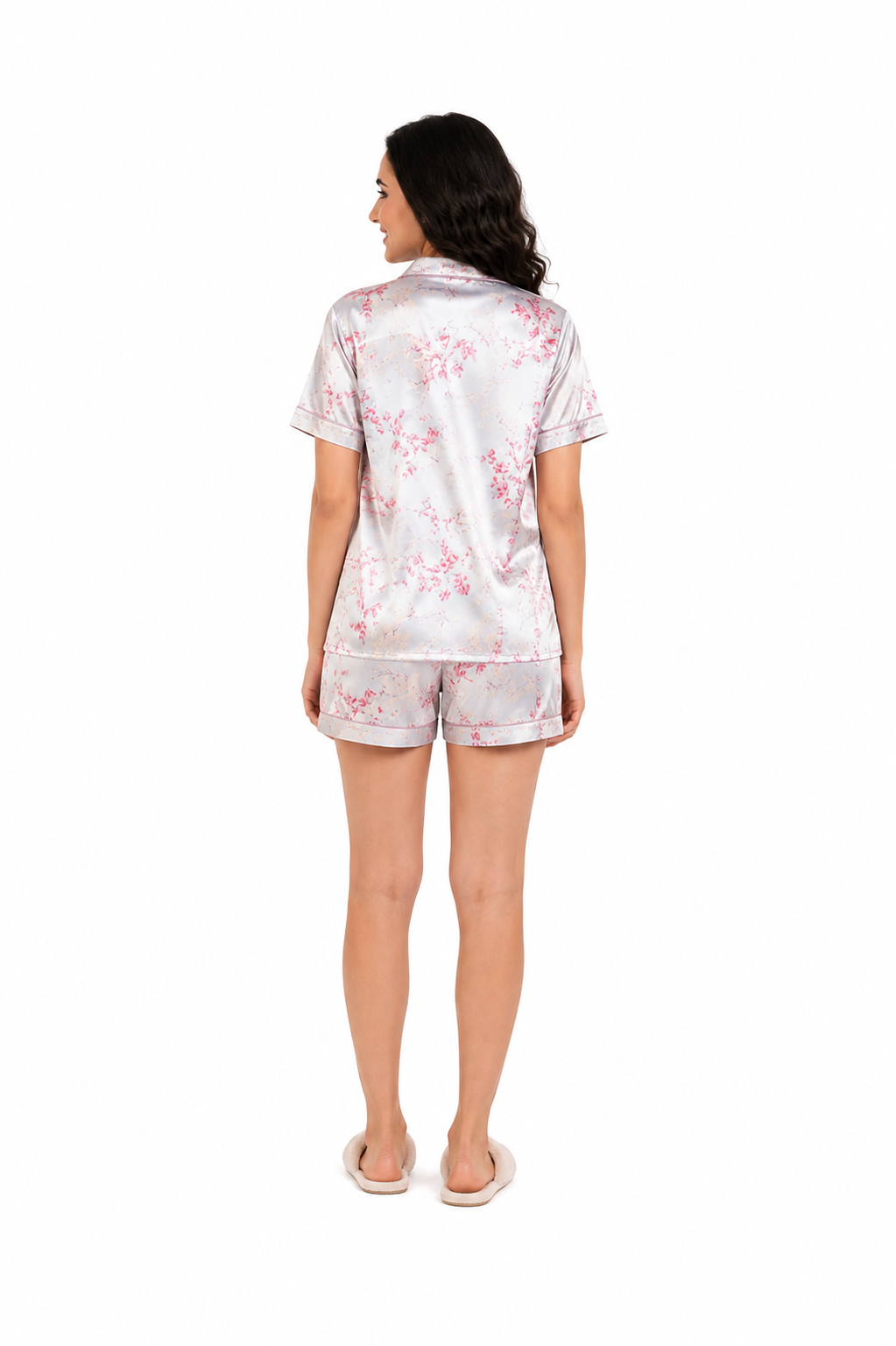 Mesmerro Silver Blossom Floral Satin Women’s Nightwear Set with Mandarin-Collar Short-Sleeve Top & Shorts