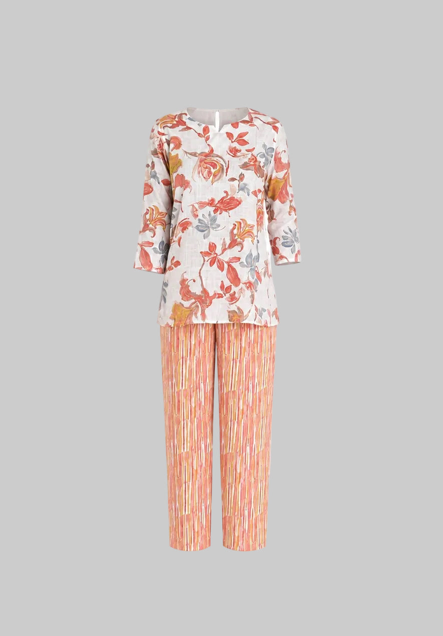 Mesmerro Golden Tropics Mustard Abstract Leaf Printed Women’s Co-Ord Set with Collared Half-Sleeve Top & Straight-Fit Pants