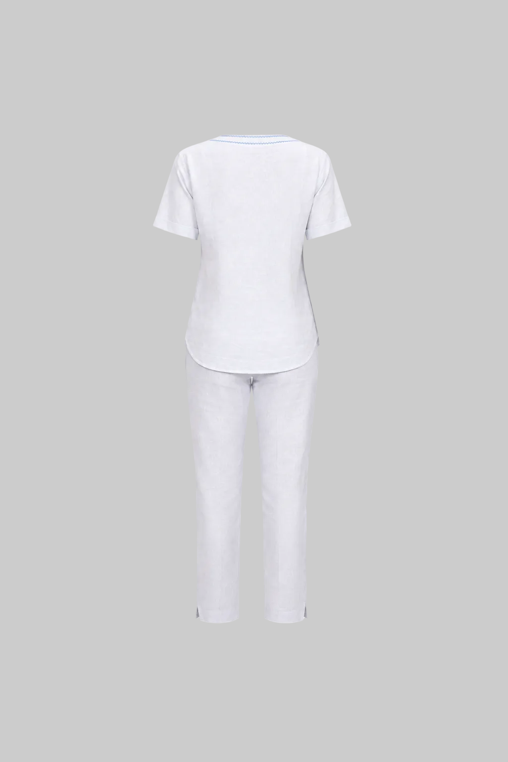 Mesmerro Azure Bloom White Embroidered Women’s Co-Ord Set with Round-Neck Short-Sleeve Top & Straight-Fit Pants