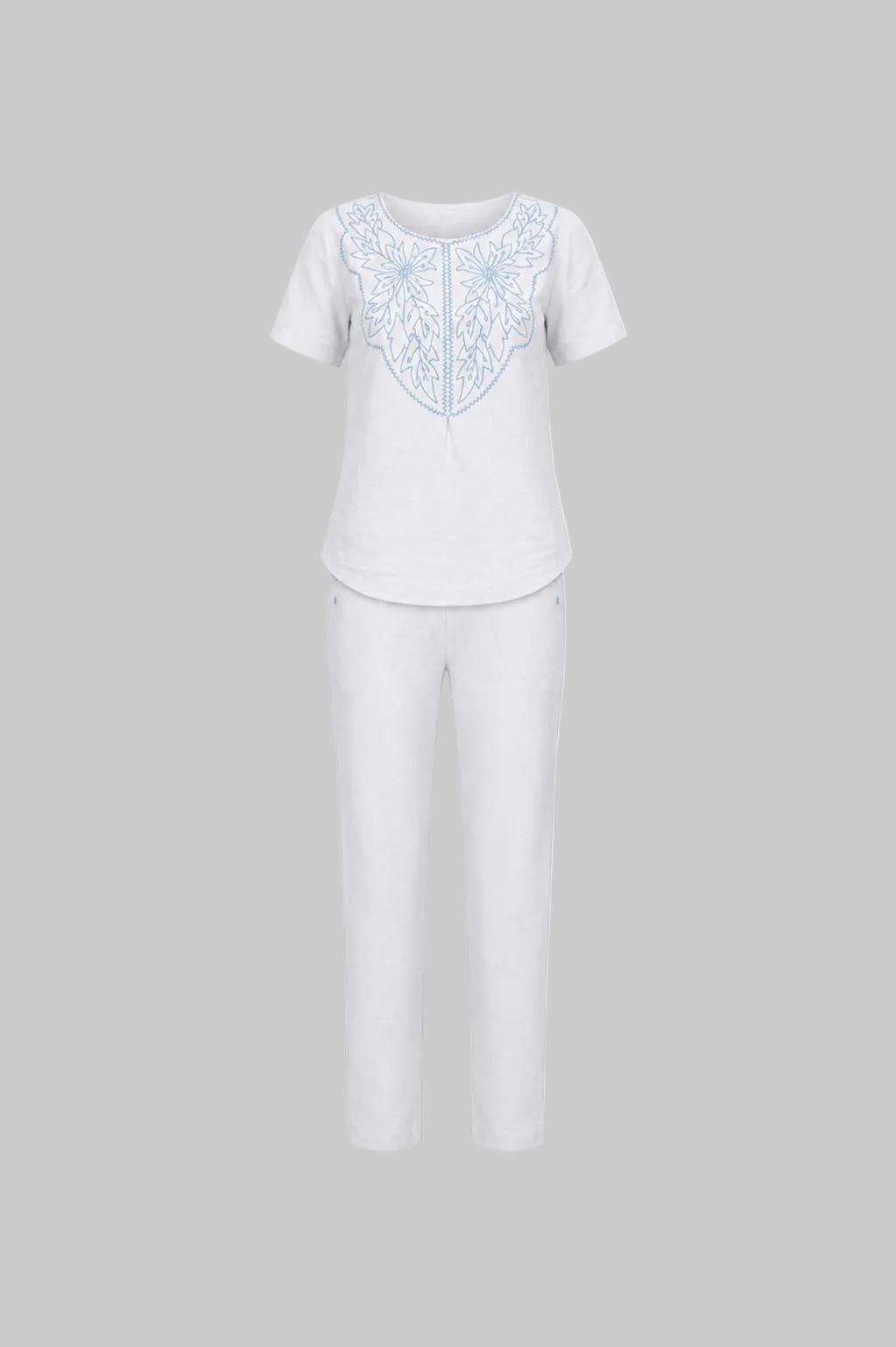 Mesmerro Azure Bloom White Embroidered Women’s Co-Ord Set with Round-Neck Short-Sleeve Top & Straight-Fit Pants