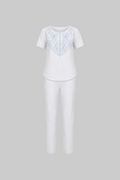 Mesmerro Azure Bloom White Embroidered Women’s Co-Ord Set with Round-Neck Short-Sleeve Top & Straight-Fit Pants