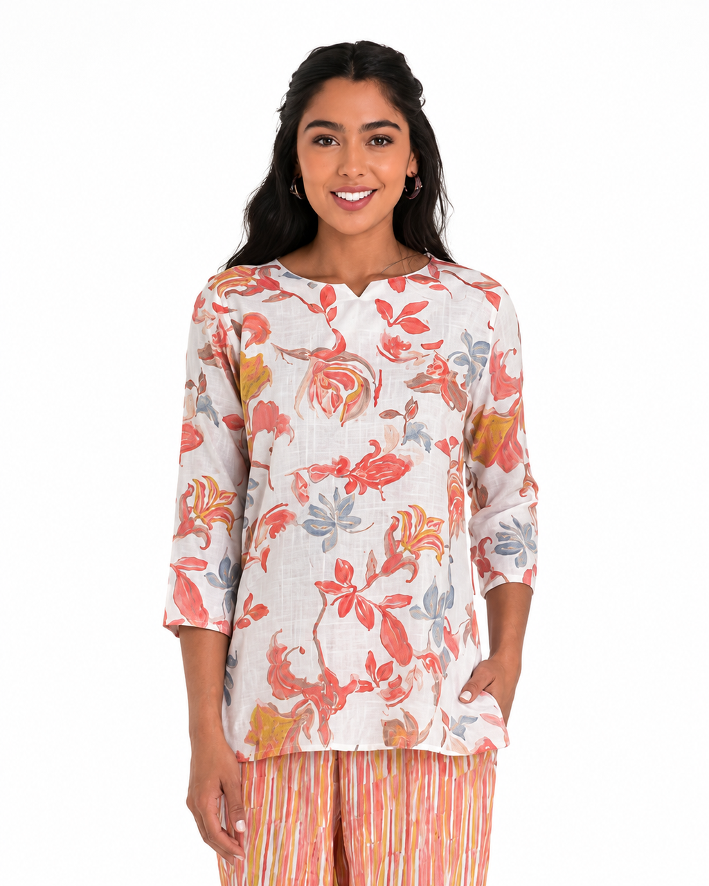 Mesmerro Golden Aqua Garden Mixed-Print Women’s Co-Ord Set with Notch-Neck 3/4 Sleeve Tunic & Straight-Fit Pants