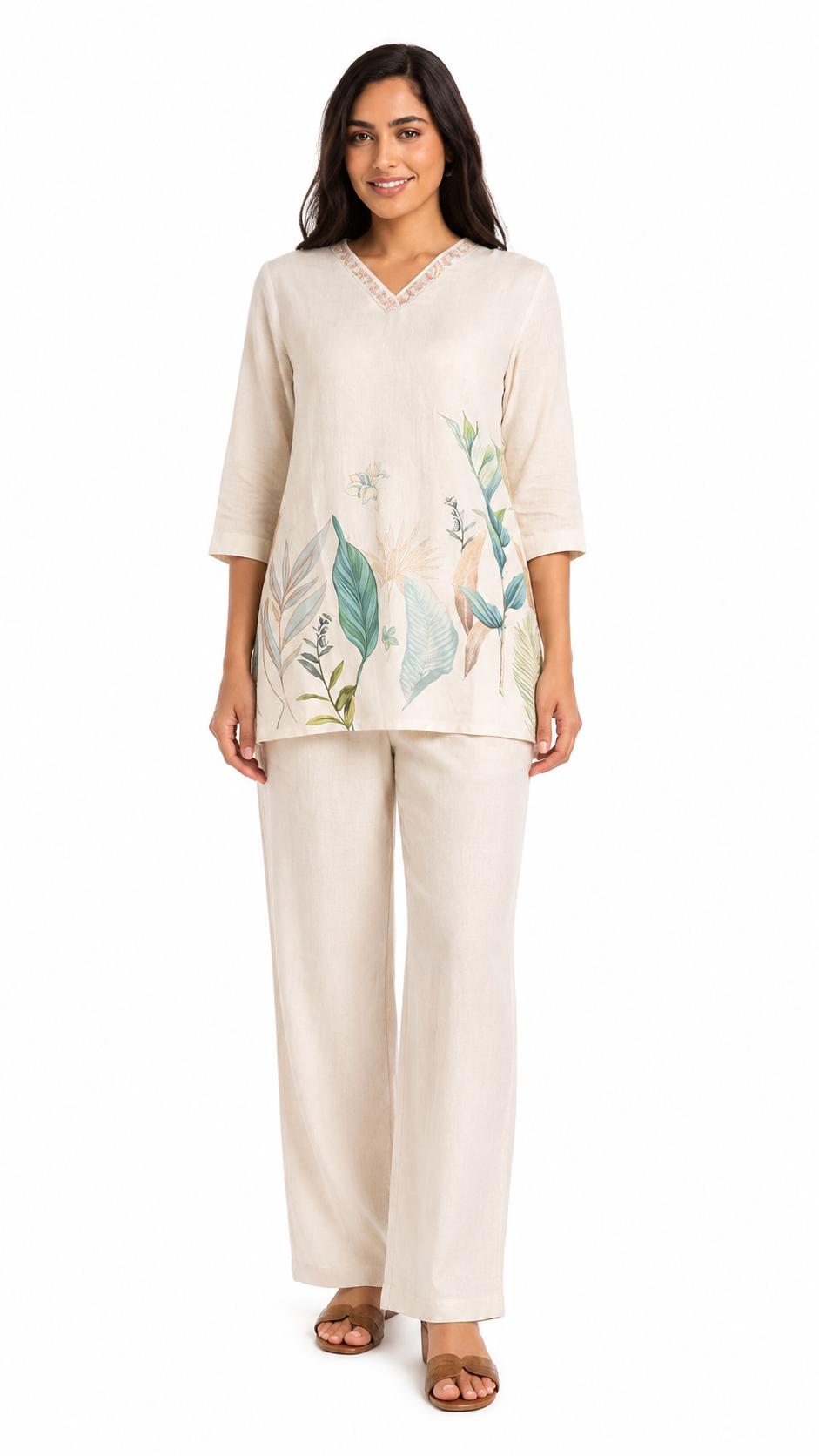 Mesmerro Ivory Botanical Grace Women’s Co-Ord Set with Printed V-Neck 3/4 Sleeve Tunic & Wide-Leg Pants