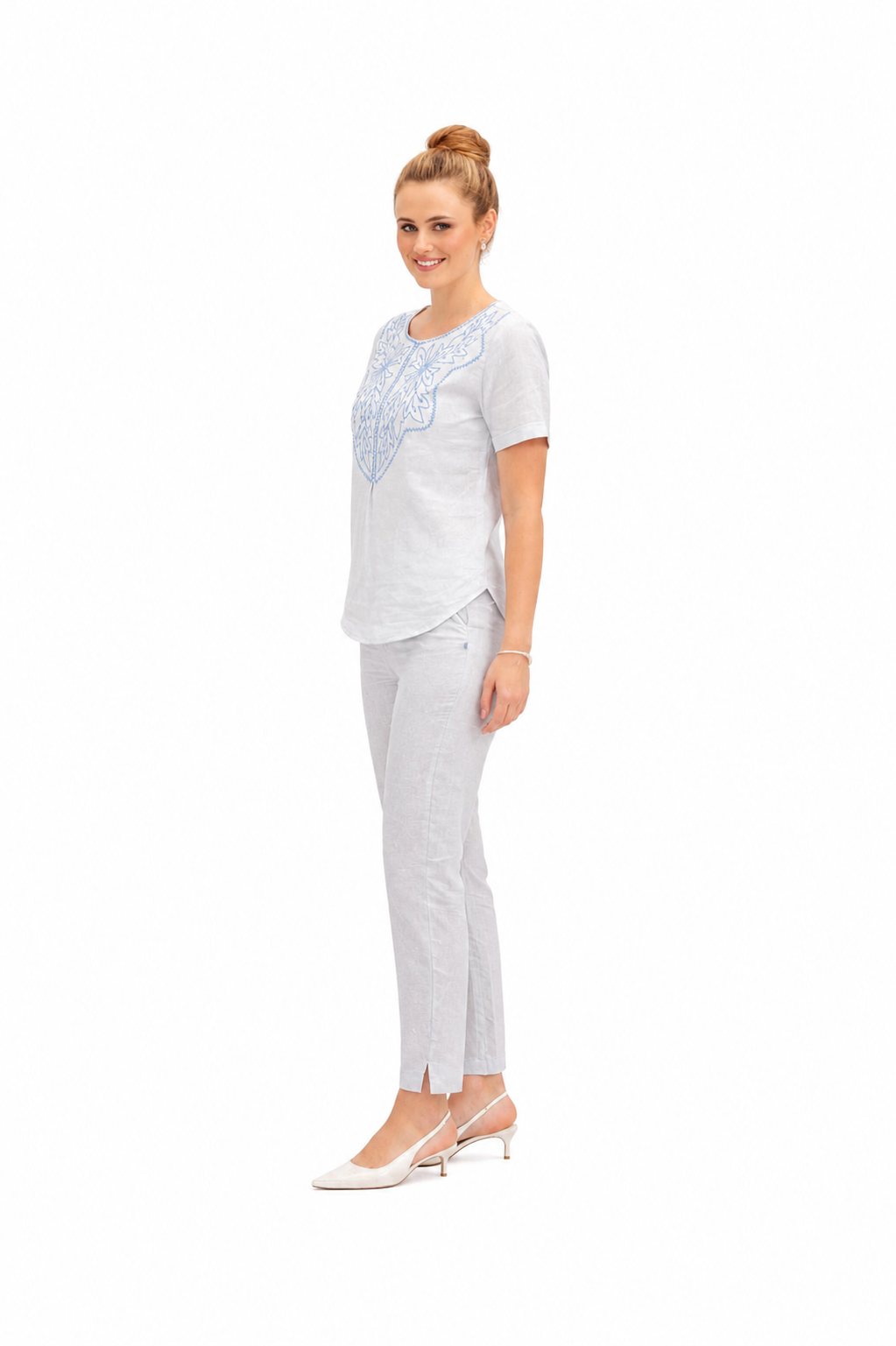 Mesmerro Azure Bloom White Embroidered Women’s Co-Ord Set with Round-Neck Short-Sleeve Top & Straight-Fit Pants