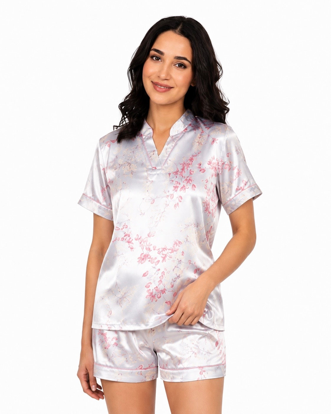 Mesmerro Silver Blossom Floral Satin Women’s Nightwear Set with Mandarin-Collar Short-Sleeve Top & Shorts