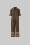 Mesmerro Mocha Bloom Embroidered Women’s Co-Ord Set with Collared Half-Sleeve Shirt & Straight-Fit Pants
