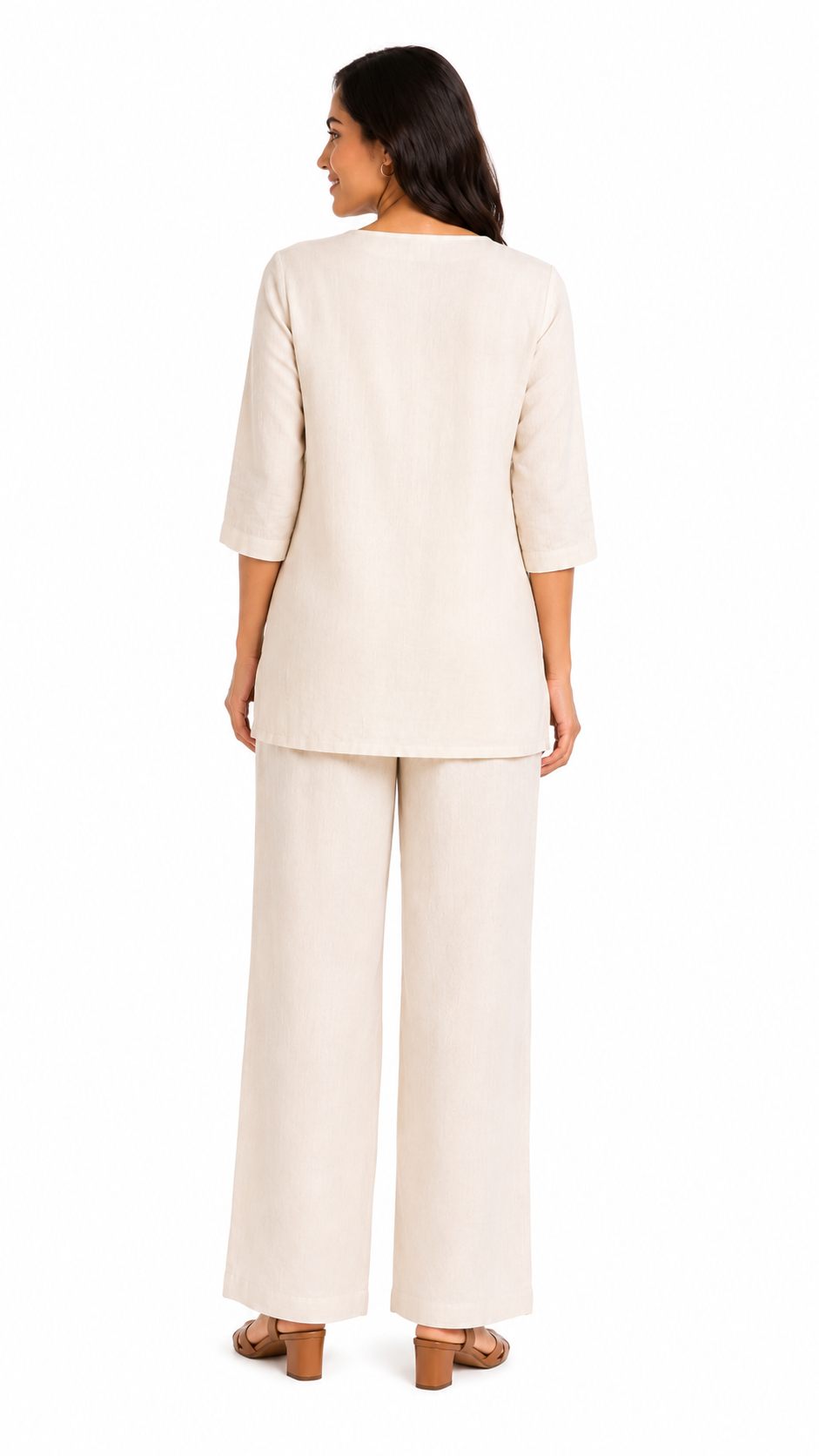 Mesmerro Ivory Botanical Grace Women’s Co-Ord Set with Printed V-Neck 3/4 Sleeve Tunic & Wide-Leg Pants