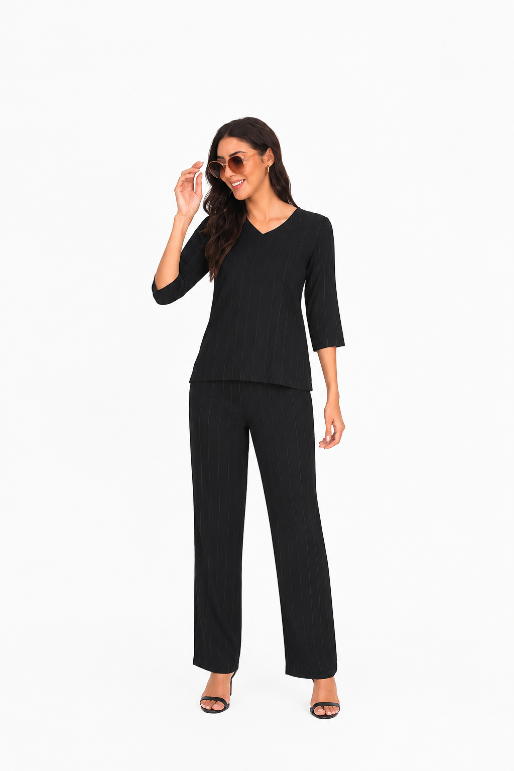Mesmerro Midnight Line Black Pinstripe Women’s Co-Ord Set with V-Neck 3/4 Sleeve Top & Wide-Leg Pants